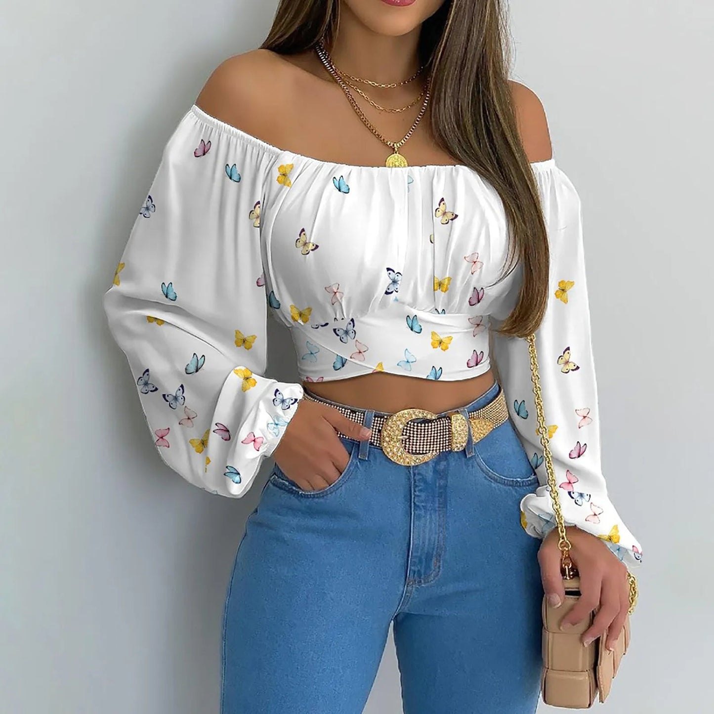 Women Sexy Off Shoulder Printing Blouses Chic and Elegant Lantern Long Sleeve Lace Up Bow Cropped Tops Casual Slim Shirts 2023 - MAGUSTA BEAUTY
