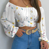 Women Sexy Off Shoulder Printing Blouses Chic and Elegant Lantern Long Sleeve Lace Up Bow Cropped Tops Casual Slim Shirts 2023 - MAGUSTA BEAUTY