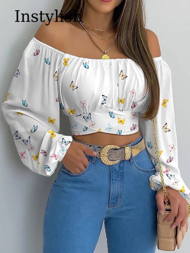 Women Sexy Off Shoulder Printing Blouses Chic and Elegant Lantern Long Sleeve Lace Up Bow Cropped Tops Casual Slim Shirts 2023 - MAGUSTA BEAUTY