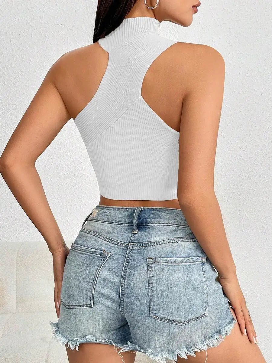 Women Sexy Shoulder Off Asymmetrical Turtleneck Neck Knit Crop Top Femme Cut Out Backless Rib - Knit Stretch Sleeveless Sweater - MAGUSTA BEAUTY
