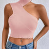 Women Sexy Shoulder Off Asymmetrical Turtleneck Neck Knit Crop Top Femme Cut Out Backless Rib - Knit Stretch Sleeveless Sweater - MAGUSTA BEAUTY