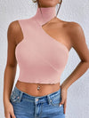 Women Sexy Shoulder Off Asymmetrical Turtleneck Neck Knit Crop Top Femme Cut Out Backless Rib - Knit Stretch Sleeveless Sweater - MAGUSTA BEAUTY