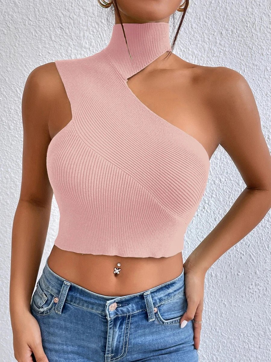 Women Sexy Shoulder Off Asymmetrical Turtleneck Neck Knit Crop Top Femme Cut Out Backless Rib - Knit Stretch Sleeveless Sweater - MAGUSTA BEAUTY