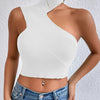 Women Sexy Shoulder Off Asymmetrical Turtleneck Neck Knit Crop Top Femme Cut Out Backless Rib - Knit Stretch Sleeveless Sweater - MAGUSTA BEAUTY