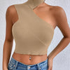 Women Sexy Shoulder Off Asymmetrical Turtleneck Neck Knit Crop Top Femme Cut Out Backless Rib - Knit Stretch Sleeveless Sweater - MAGUSTA BEAUTY