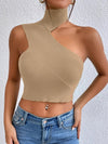 Women Sexy Shoulder Off Asymmetrical Turtleneck Neck Knit Crop Top Femme Cut Out Backless Rib - Knit Stretch Sleeveless Sweater - MAGUSTA BEAUTY