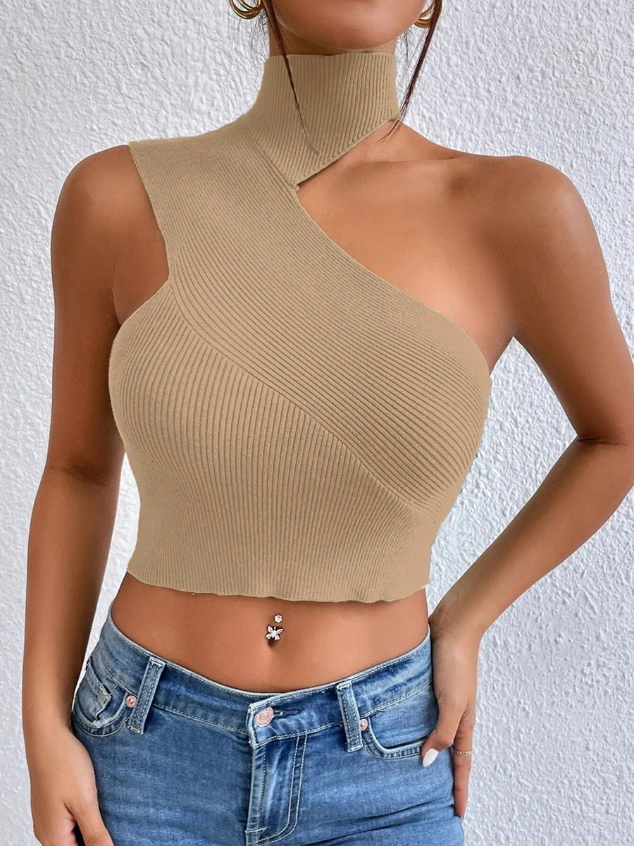 Women Sexy Shoulder Off Asymmetrical Turtleneck Neck Knit Crop Top Femme Cut Out Backless Rib - Knit Stretch Sleeveless Sweater - MAGUSTA BEAUTY