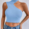 Women Sexy Shoulder Off Asymmetrical Turtleneck Neck Knit Crop Top Femme Cut Out Backless Rib - Knit Stretch Sleeveless Sweater - MAGUSTA BEAUTY