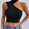 Women Sexy Shoulder Off Asymmetrical Turtleneck Neck Knit Crop Top Femme Cut Out Backless Rib - Knit Stretch Sleeveless Sweater - MAGUSTA BEAUTY