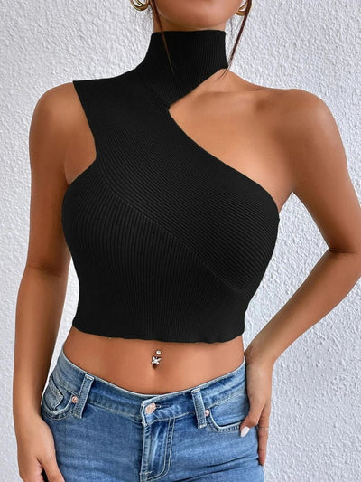 Women Sexy Shoulder Off Asymmetrical Turtleneck Neck Knit Crop Top Femme Cut Out Backless Rib - Knit Stretch Sleeveless Sweater - MAGUSTA BEAUTY