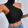 Women Sexy Shoulder Off Asymmetrical Turtleneck Neck Knit Crop Top Femme Cut Out Backless Rib - Knit Stretch Sleeveless Sweater - MAGUSTA BEAUTY