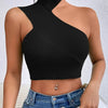 Women Sexy Shoulder Off Asymmetrical Turtleneck Neck Knit Crop Top Femme Cut Out Backless Rib - Knit Stretch Sleeveless Sweater - MAGUSTA BEAUTY