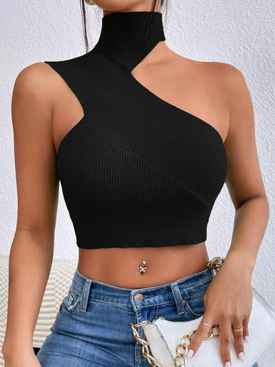 Women Sexy Shoulder Off Asymmetrical Turtleneck Neck Knit Crop Top Femme Cut Out Backless Rib - Knit Stretch Sleeveless Sweater - MAGUSTA BEAUTY