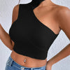 Women Sexy Shoulder Off Asymmetrical Turtleneck Neck Knit Crop Top Femme Cut Out Backless Rib - Knit Stretch Sleeveless Sweater - MAGUSTA BEAUTY