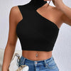 Women Sexy Shoulder Off Asymmetrical Turtleneck Neck Knit Crop Top Femme Cut Out Backless Rib - Knit Stretch Sleeveless Sweater - MAGUSTA BEAUTY