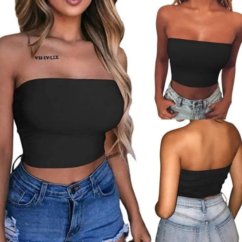 Women Sexy Strapless Off Shoulder Crop Tube Top Solid Color Stretchy Bandeau Seamless Casual Basic Breast Wrap No-Padded Bra - MAGUSTA BEAUTY