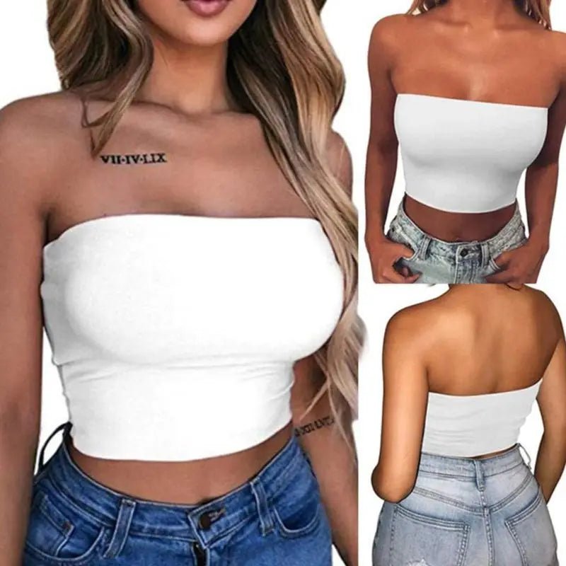 Women Sexy Strapless Off Shoulder Crop Tube Top Solid Color Stretchy Bandeau Seamless Casual Basic Breast Wrap No-Padded Bra - MAGUSTA BEAUTY