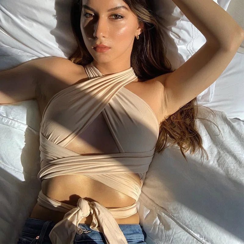 Women Strappy Cross Over Front Cut Out Halter Neck Sleeveless Backless Wrap Crop Top Bandage Vest Summer Sexy Tops Woman Clothes - MAGUSTA BEAUTY