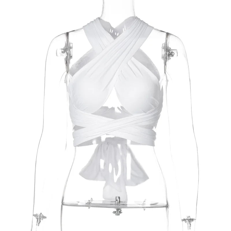 Women Strappy Cross Over Front Cut Out Halter Neck Sleeveless Backless Wrap Crop Top Bandage Vest Summer Sexy Tops Woman Clothes - MAGUSTA BEAUTY