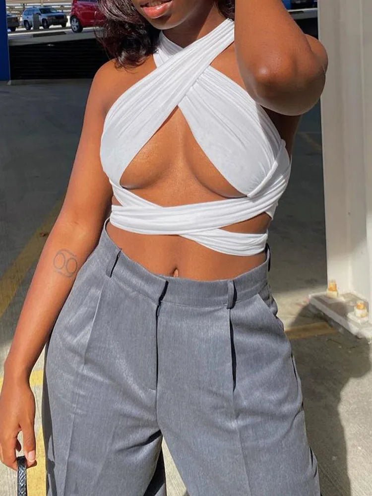Women Strappy Cross Over Front Cut Out Halter Neck Sleeveless Backless Wrap Crop Top Bandage Vest Summer Sexy Tops Woman Clothes - MAGUSTA BEAUTY