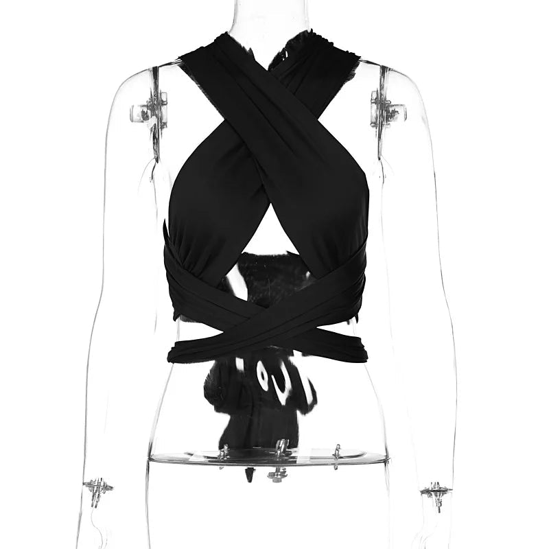 Women Strappy Cross Over Front Cut Out Halter Neck Sleeveless Backless Wrap Crop Top Bandage Vest Summer Sexy Tops Woman Clothes - MAGUSTA BEAUTY