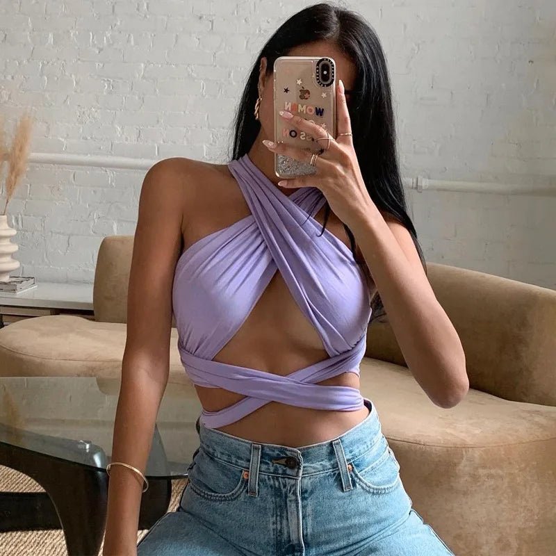 Women Strappy Cross Over Front Cut Out Halter Neck Sleeveless Backless Wrap Crop Top Bandage Vest Summer Sexy Tops Woman Clothes - MAGUSTA BEAUTY