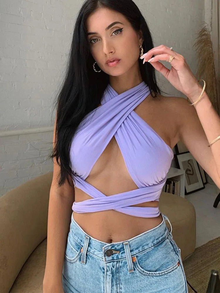 Women Strappy Cross Over Front Cut Out Halter Neck Sleeveless Backless Wrap Crop Top Bandage Vest Summer Sexy Tops Woman Clothes - MAGUSTA BEAUTY