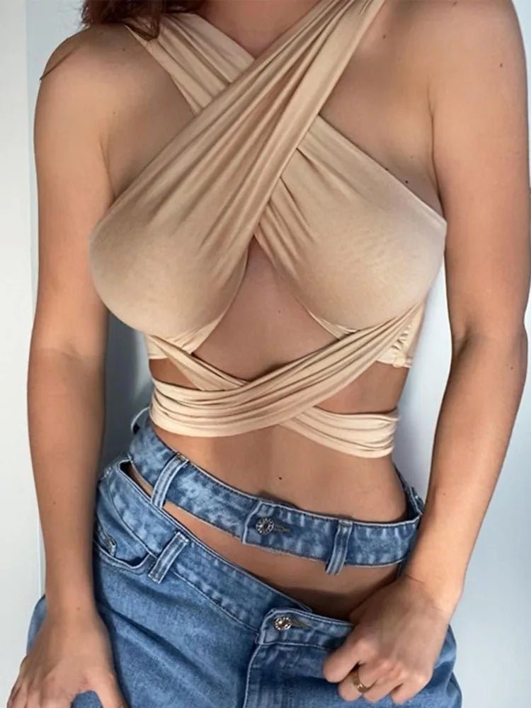 Women Strappy Cross Over Front Cut Out Halter Neck Sleeveless Backless Wrap Crop Top Bandage Vest Summer Sexy Tops Woman Clothes - MAGUSTA BEAUTY