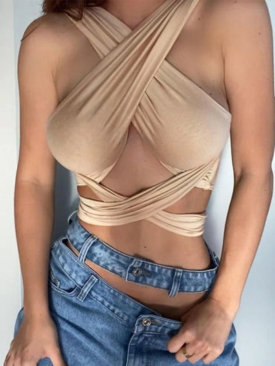 Women Strappy Cross Over Front Cut Out Halter Neck Sleeveless Backless Wrap Crop Top Bandage Vest Summer Sexy Tops Woman Clothes - MAGUSTA BEAUTY