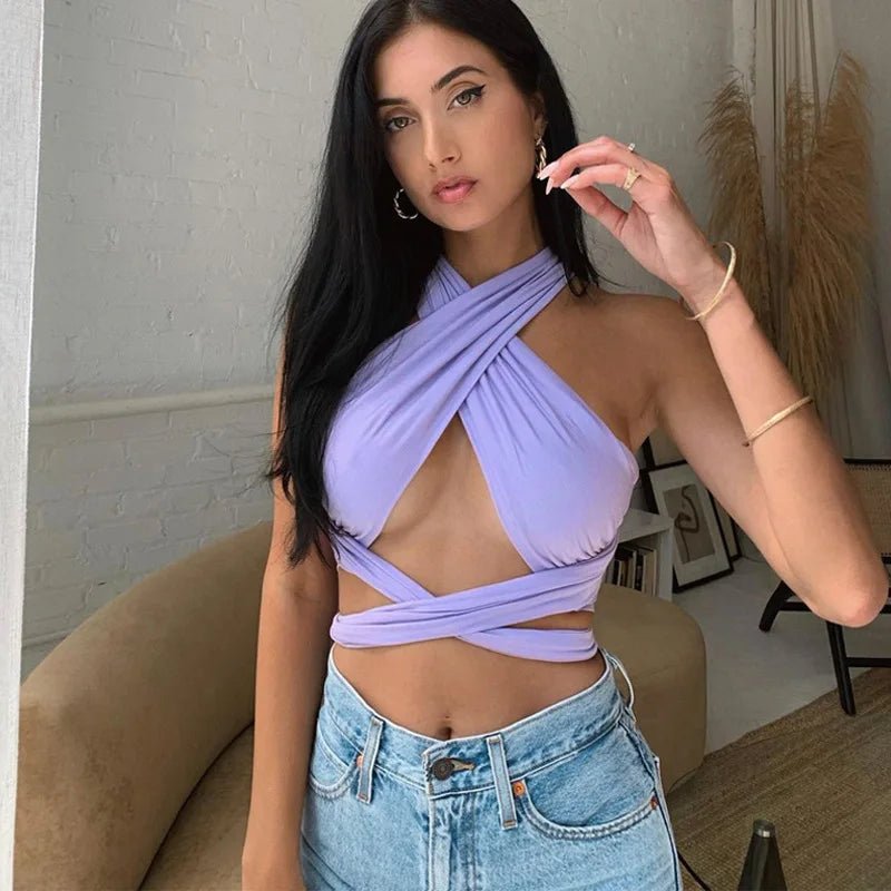 Women Strappy Cross Over Front Cut Out Halter Neck Sleeveless Backless Wrap Crop Top Bandage Vest Summer Sexy Tops Woman Clothes - MAGUSTA BEAUTY