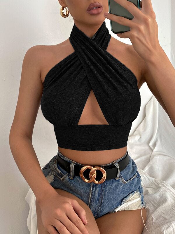 Women Summer Tank Tops Solid Cross Halter Camis Backless Crop Tops Female Camisole Cropped Top Slim Sleeveless Streetwear - MAGUSTA BEAUTY