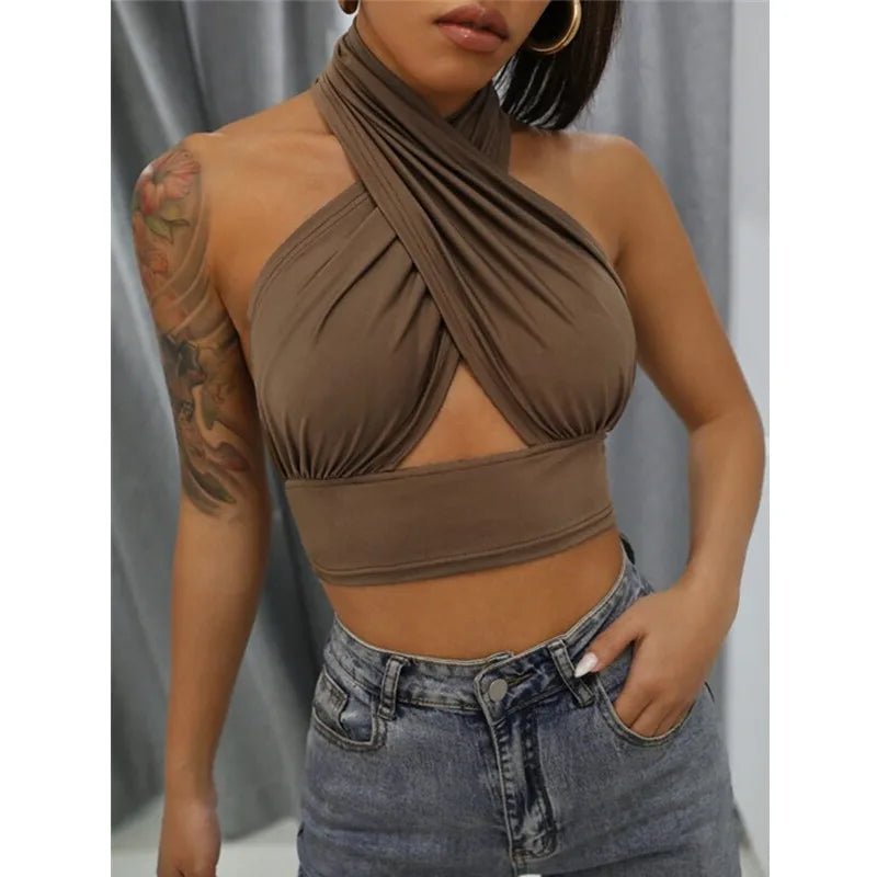 Women Summer Tank Tops Solid Cross Halter Camis Backless Crop Tops Female Camisole Cropped Top Slim Sleeveless Streetwear - MAGUSTA BEAUTY