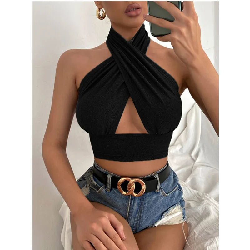 Women Summer Tank Tops Solid Cross Halter Camis Backless Crop Tops Female Camisole Cropped Top Slim Sleeveless Streetwear - MAGUSTA BEAUTY