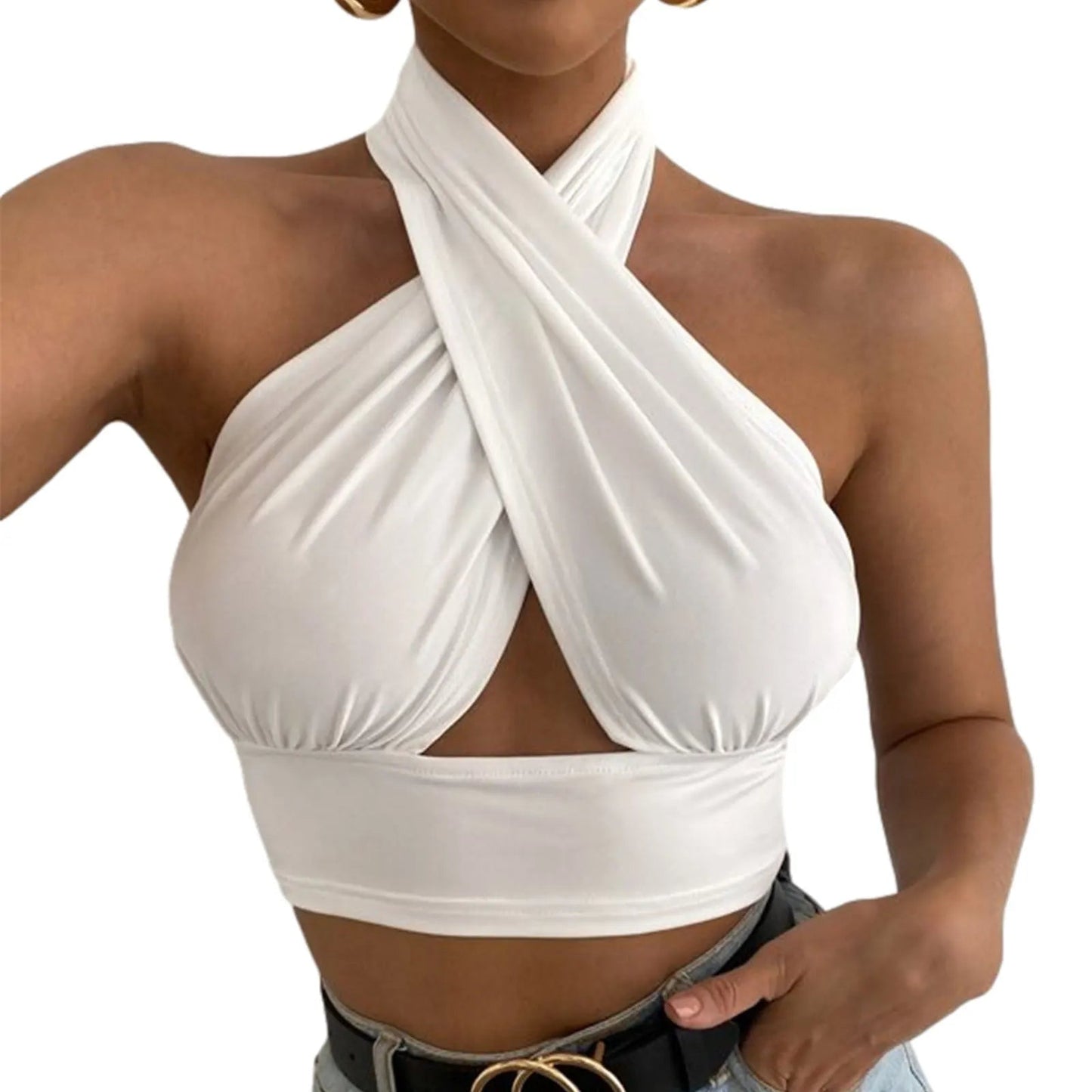 Women Summer Tank Tops Solid Cross Halter Camis Backless Crop Tops Female Camisole Cropped Top Slim Sleeveless Streetwear - MAGUSTA BEAUTY