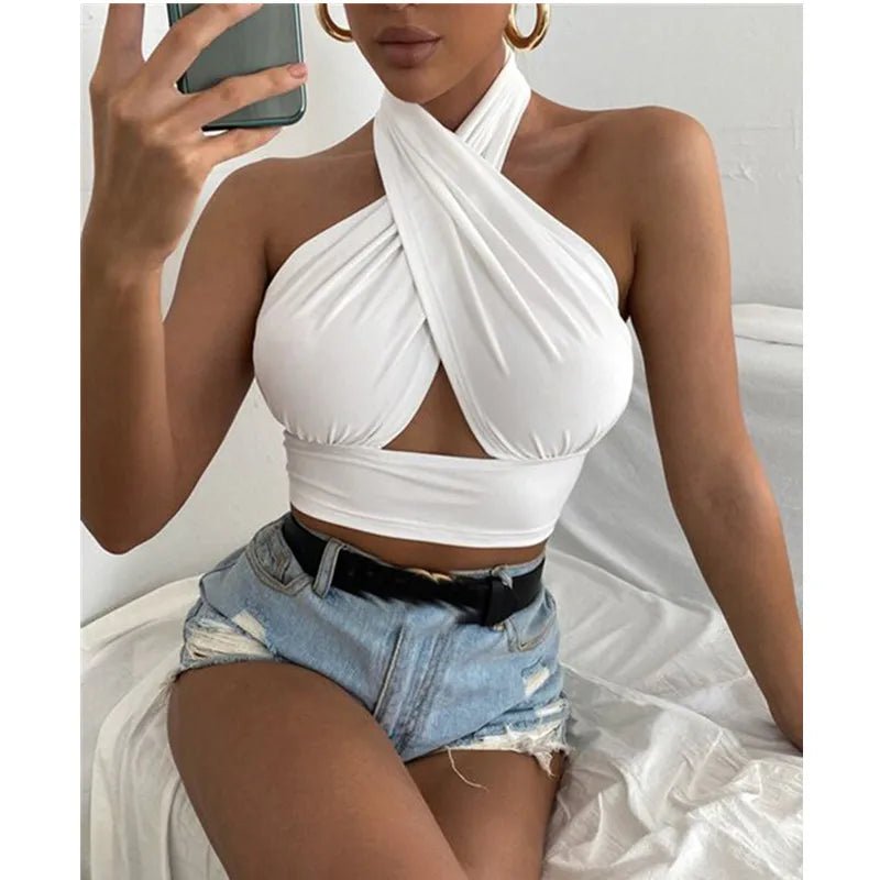 Women Summer Tank Tops Solid Cross Halter Camis Backless Crop Tops Female Camisole Cropped Top Slim Sleeveless Streetwear - MAGUSTA BEAUTY