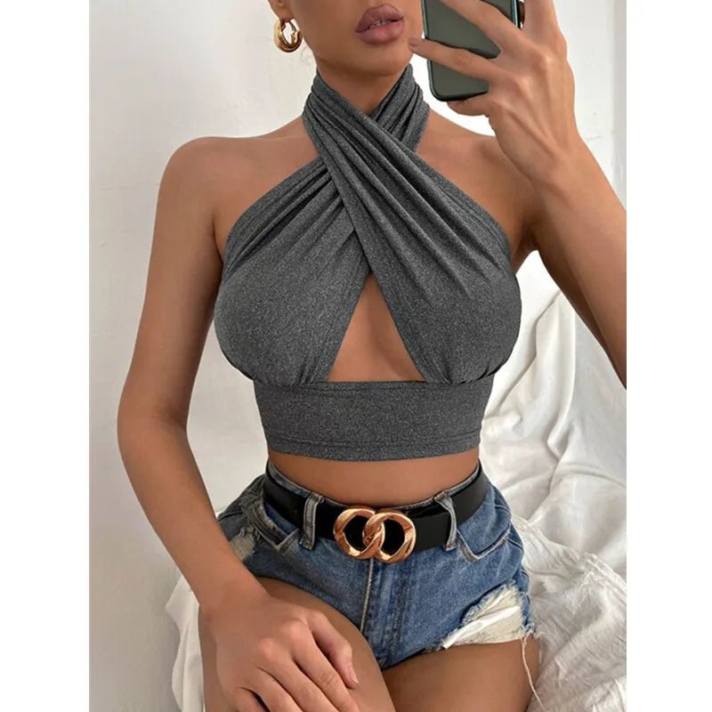Women Summer Tank Tops Solid Cross Halter Camis Backless Crop Tops Female Camisole Cropped Top Slim Sleeveless Streetwear - MAGUSTA BEAUTY