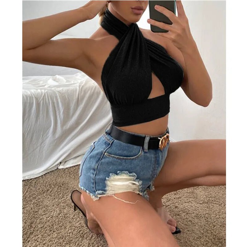 Women Summer Tank Tops Solid Cross Halter Camis Backless Crop Tops Female Camisole Cropped Top Slim Sleeveless Streetwear - MAGUSTA BEAUTY