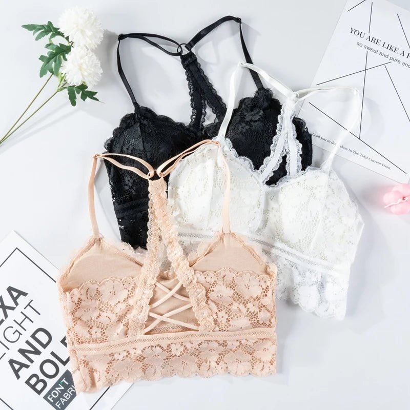 Women White Crop Tops Lace Print Camisole Sexy Hollow Backless Bra Removable Chest Pad Bralette Solid Beauty Back Tank Top - MAGUSTA BEAUTY