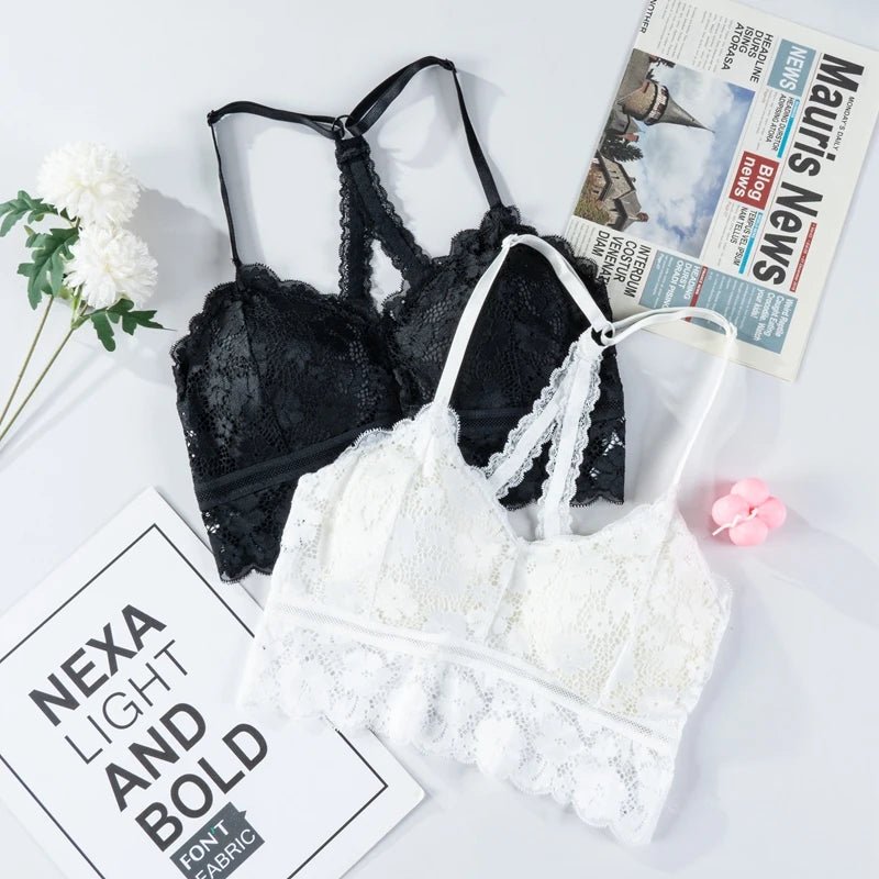 Women White Crop Tops Lace Print Camisole Sexy Hollow Backless Bra Removable Chest Pad Bralette Solid Beauty Back Tank Top - MAGUSTA BEAUTY