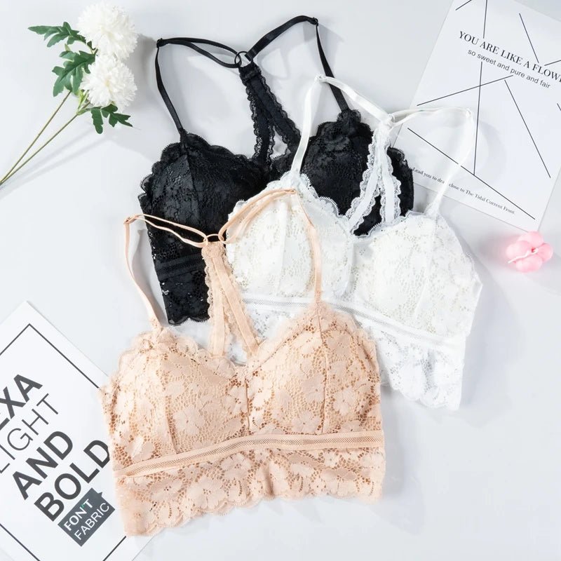 Women White Crop Tops Lace Print Camisole Sexy Hollow Backless Bra Removable Chest Pad Bralette Solid Beauty Back Tank Top - MAGUSTA BEAUTY