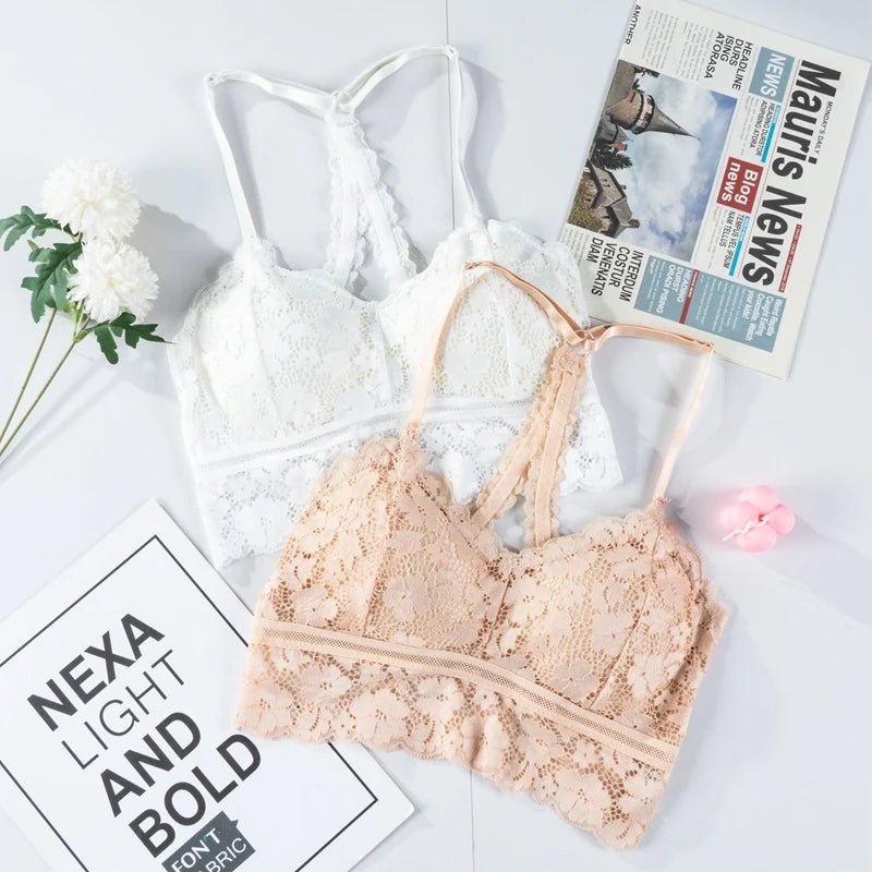 Women White Crop Tops Lace Print Camisole Sexy Hollow Backless Bra Removable Chest Pad Bralette Solid Beauty Back Tank Top - MAGUSTA BEAUTY