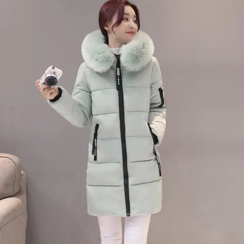 Women Winter Fur Collar Hooded Parka Fashion Letter Patch Zipper Pockets Design Long Jacket Elegant Slim Warm Thick Female Coats - MAGUSTA BEAUTY