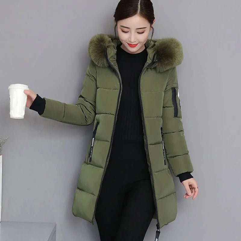 Women Winter Fur Collar Hooded Parka Fashion Letter Patch Zipper Pockets Design Long Jacket Elegant Slim Warm Thick Female Coats - MAGUSTA BEAUTY