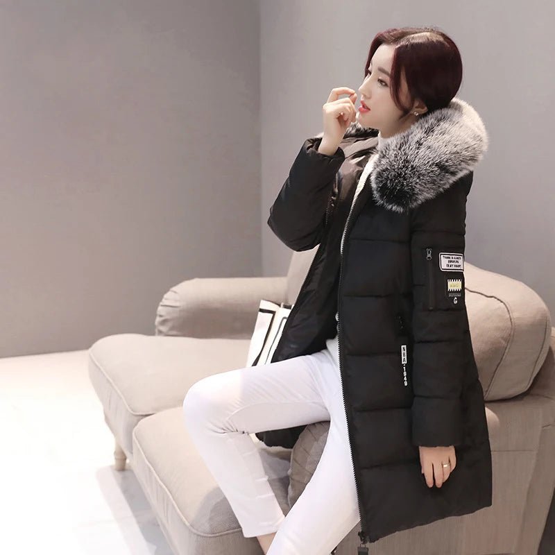 Women Winter Fur Collar Hooded Parka Fashion Letter Patch Zipper Pockets Design Long Jacket Elegant Slim Warm Thick Female Coats - MAGUSTA BEAUTY
