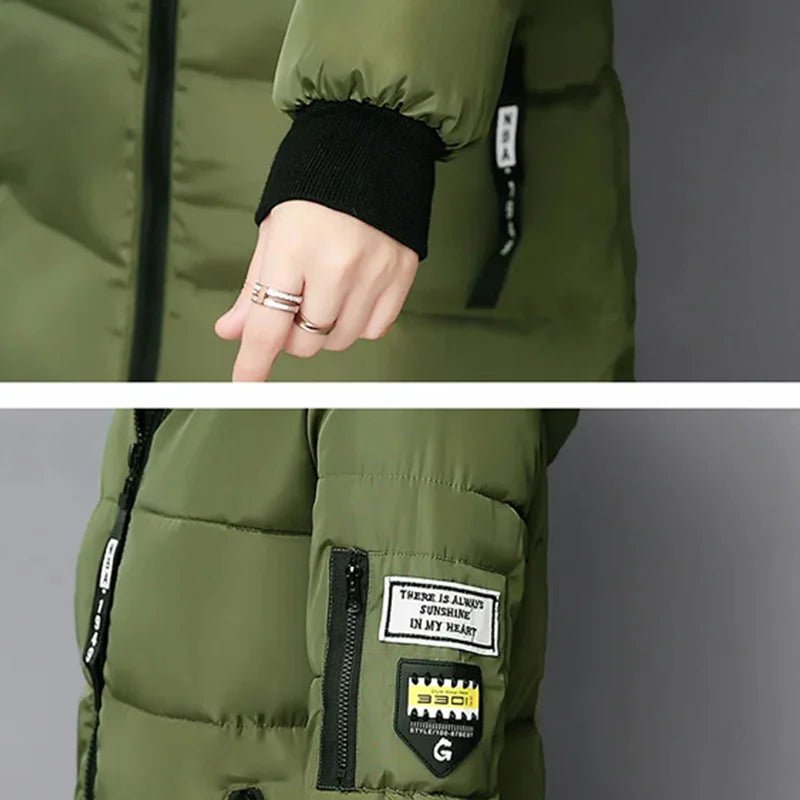 Women Winter Fur Collar Hooded Parka Fashion Letter Patch Zipper Pockets Design Long Jacket Elegant Slim Warm Thick Female Coats - MAGUSTA BEAUTY