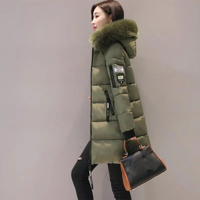 Women Winter Fur Collar Hooded Parka Fashion Letter Patch Zipper Pockets Design Long Jacket Elegant Slim Warm Thick Female Coats - MAGUSTA BEAUTY