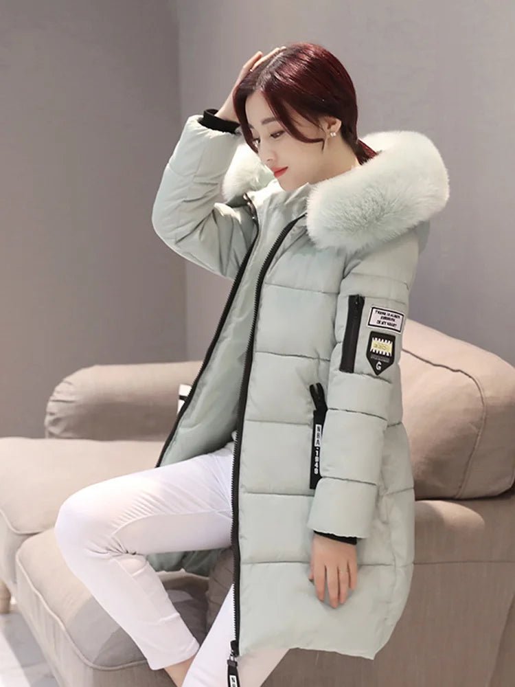 Women Winter Fur Collar Hooded Parka Fashion Letter Patch Zipper Pockets Design Long Jacket Elegant Slim Warm Thick Female Coats - MAGUSTA BEAUTY