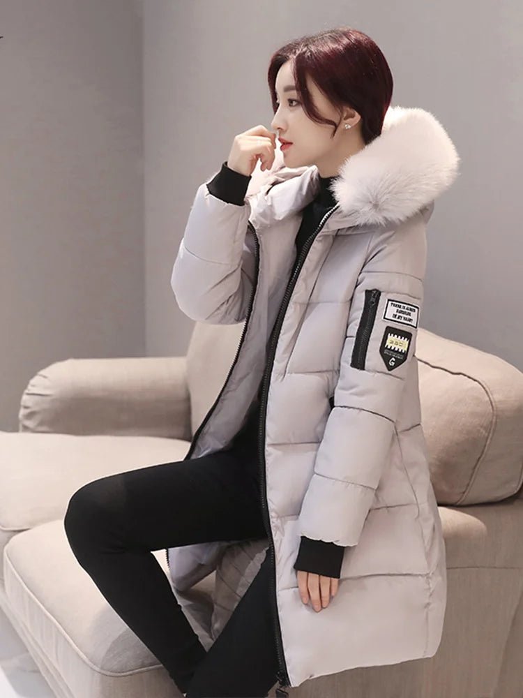 Women Winter Fur Collar Hooded Parka Fashion Letter Patch Zipper Pockets Design Long Jacket Elegant Slim Warm Thick Female Coats - MAGUSTA BEAUTY