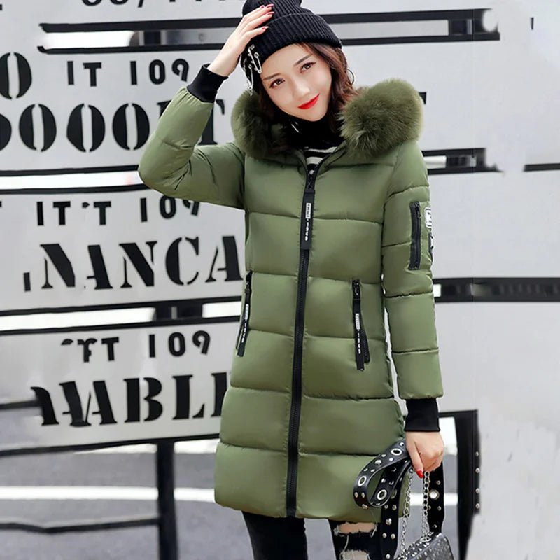 Women Winter Fur Collar Hooded Parka Fashion Letter Patch Zipper Pockets Design Long Jacket Elegant Slim Warm Thick Female Coats - MAGUSTA BEAUTY