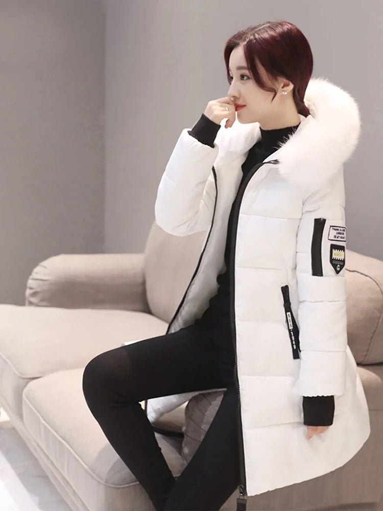 Women Winter Fur Collar Hooded Parka Fashion Letter Patch Zipper Pockets Design Long Jacket Elegant Slim Warm Thick Female Coats - MAGUSTA BEAUTY
